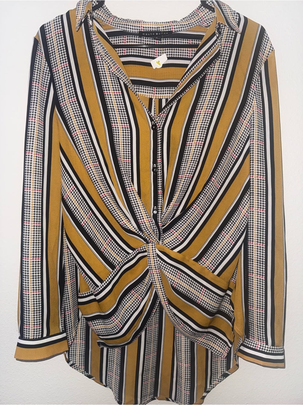 Haute Monde Mustard, Black and Cream Striped Twist-Front Button Down